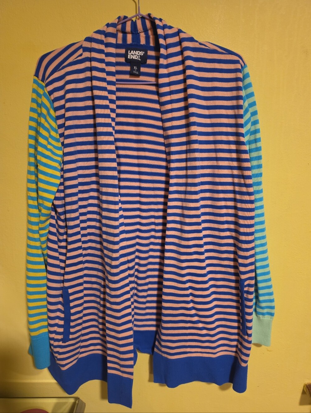 Lands' End Women's Size XL (18) Cardigan Sweater Striped Colorful 100% Cotton